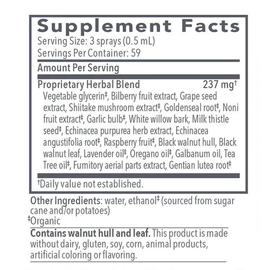Biocidin TS herbal throat spray supplement facts label