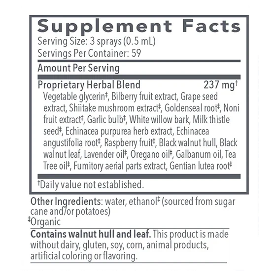 Biocidin TS herbal throat spray supplement facts label