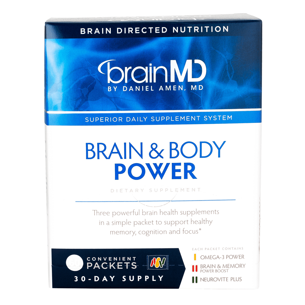 Brain & Body Power dietary supplement box featuring brain health supplements in convenient packets.
