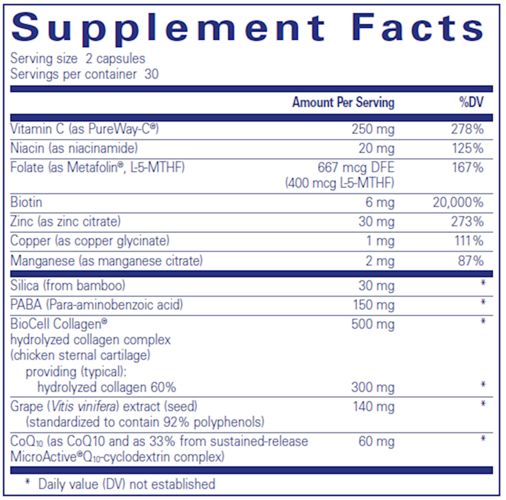 Hair/Skin/Nails Ultra supplement facts label — BioCell Collagen, biotin, zinc and CoQ10