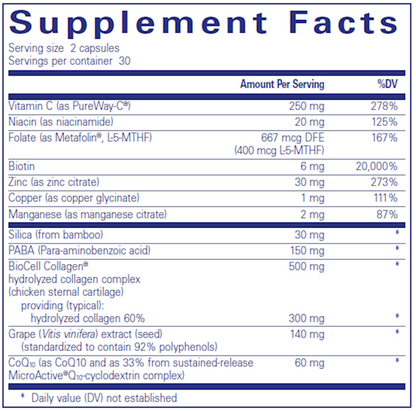Hair/Skin/Nails Ultra supplement facts label — BioCell Collagen, biotin, zinc and CoQ10