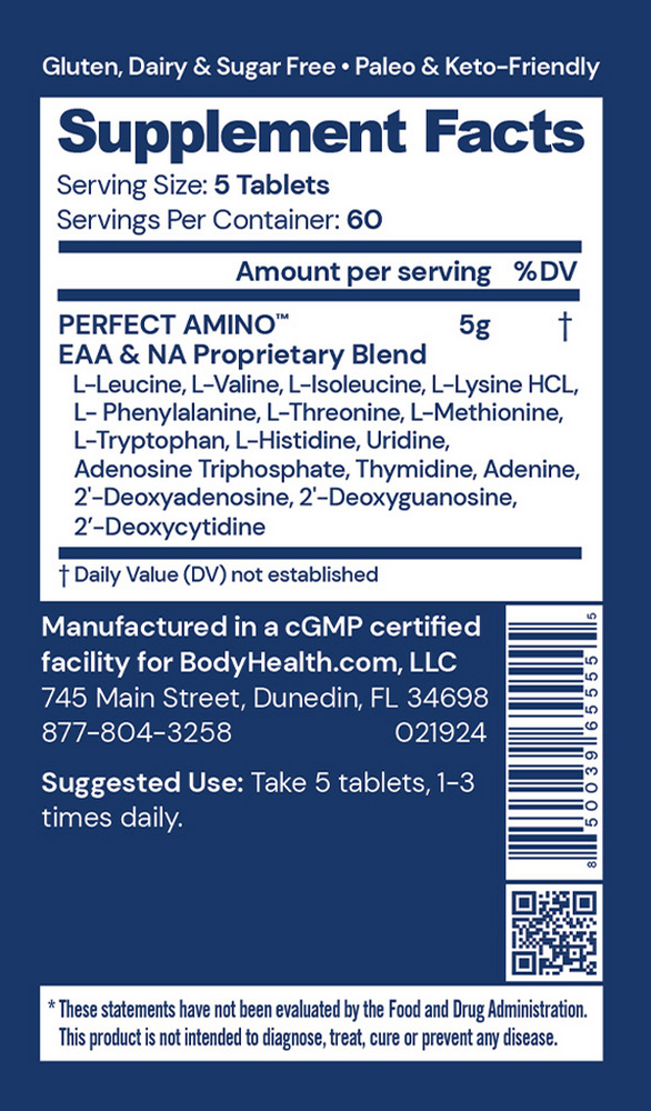 PerfectAmino supplement facts label — essential amino acid and nucleotide blend, 5 g per serving