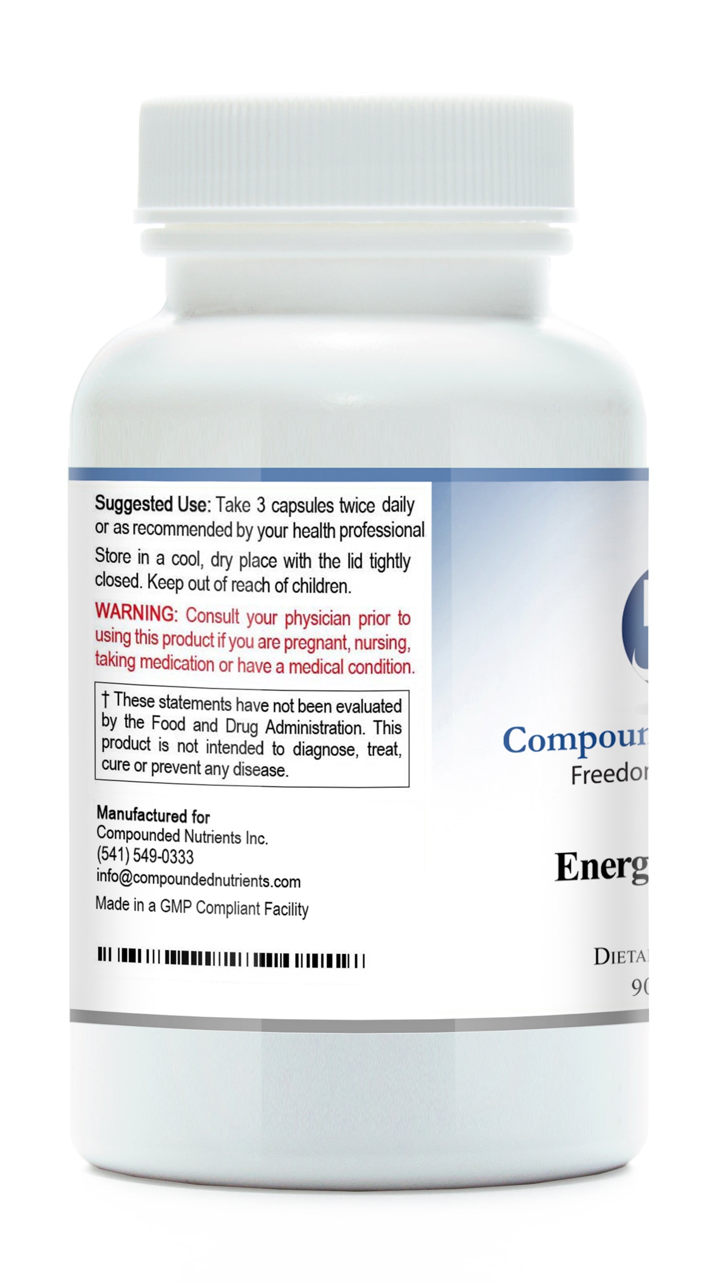 Energy Complete multivitamin for energy supplement bottle with usage instructions and warning label.