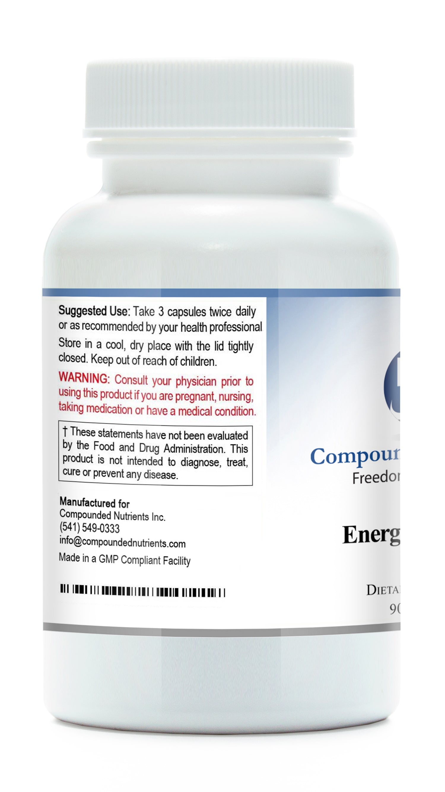 Energy Complete multivitamin for energy supplement bottle with usage instructions and warning label.