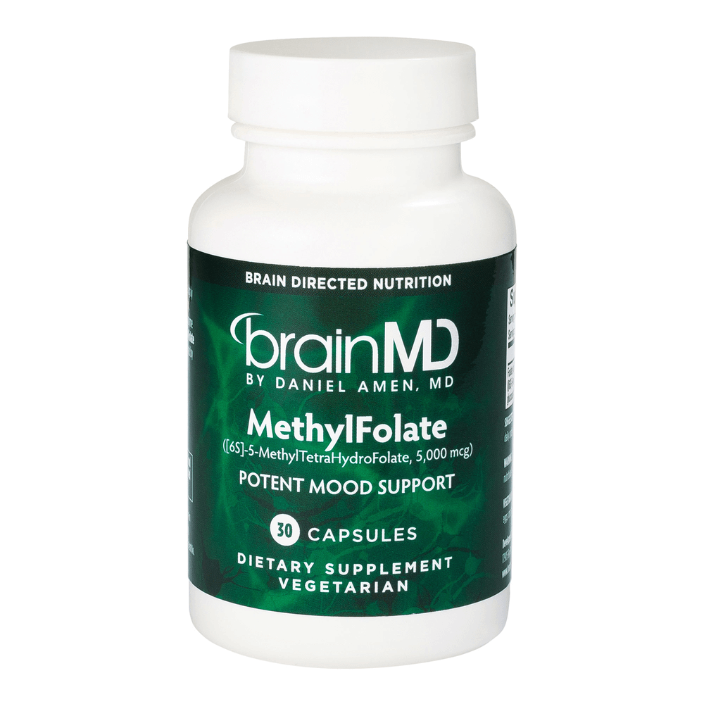 MethylFolate dietary supplement bottle for potent mood support with 30 vegetarian capsules.